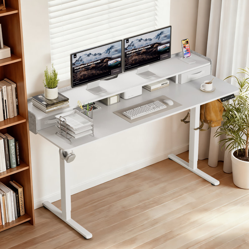 Table d'ordinateur de bureau électrique à hauteur ajustable avec tiroirs, Blanc / blanc, H 46,3 po x l 63,8 po x P 23,6 po