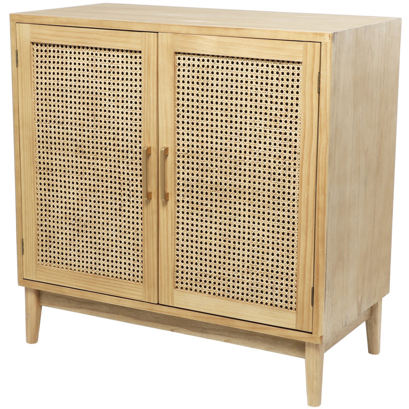 Wood 1 Shelf and 2 Door Room Cabinet with Cane Front Doors and Gold Handles, Brown