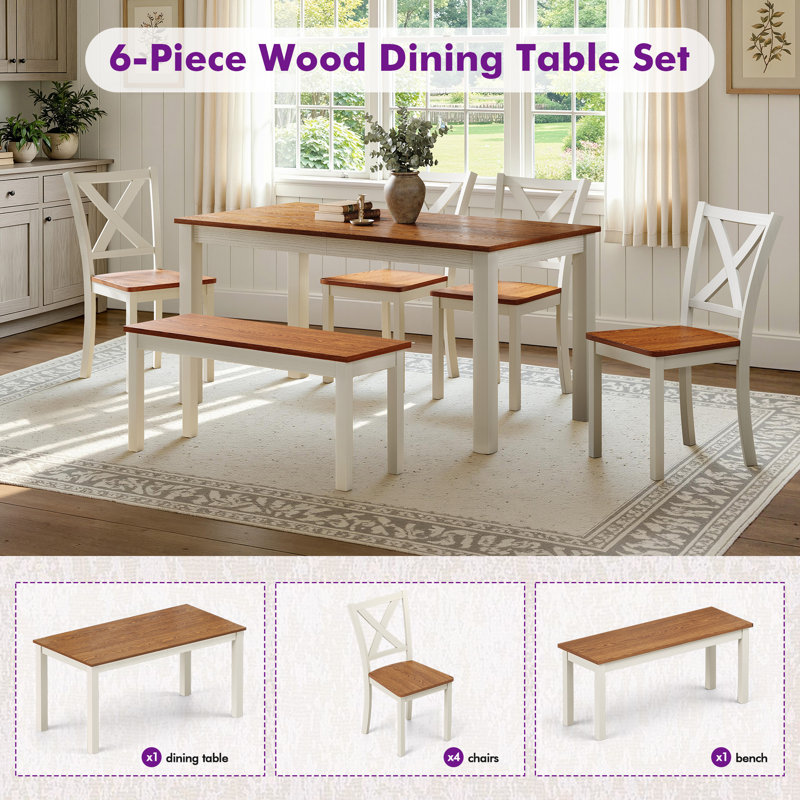 Deral 6-piece Farmhouse Wood Dining Set with Bench, Brown & White, White/Brown