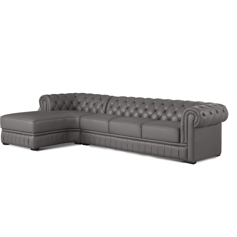 Canapé modulaire classique Chesterfield, Cuir véritable gris, Accoudoir à gauche (vu de face)