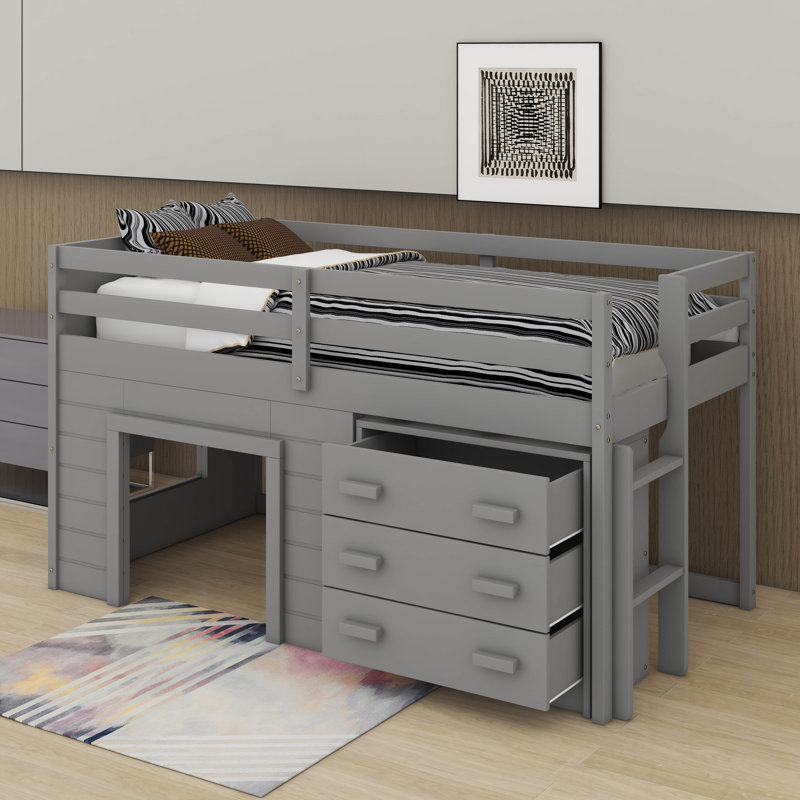 Twin Size Loft Bed With Cabinet And Shelf, Gray