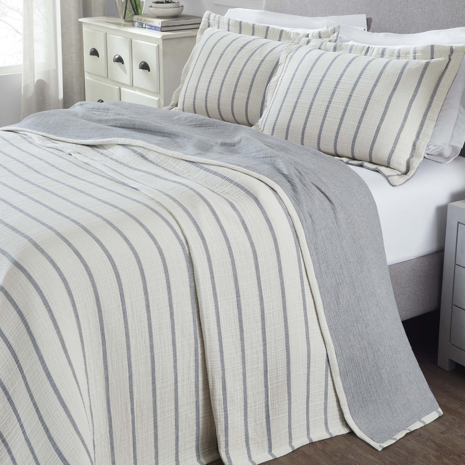 Reversible Matelasse Bedspread Set, Blue Striped, California King Bedspread + 2 King Shams