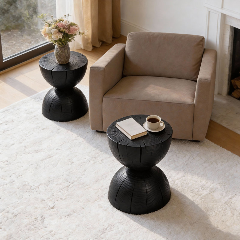 Solid Pine Wood End Table With Natural Grain, Black