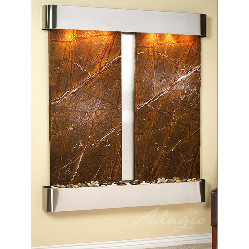 Cottonwood Falls Fountain with Light, Rainforest Green Marble, Stainless Steel, Rounded