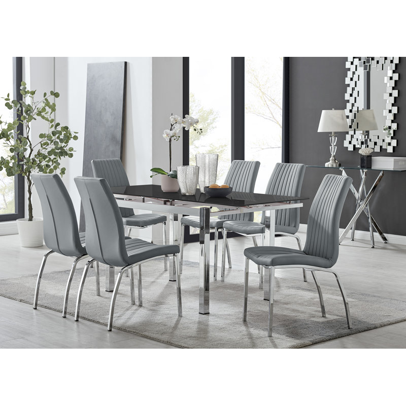 Tierra Modern Glass & Metal Extendable Dining Table Set & 6 Luxury Faux Leather Dining Chairs, Gray/Silver
