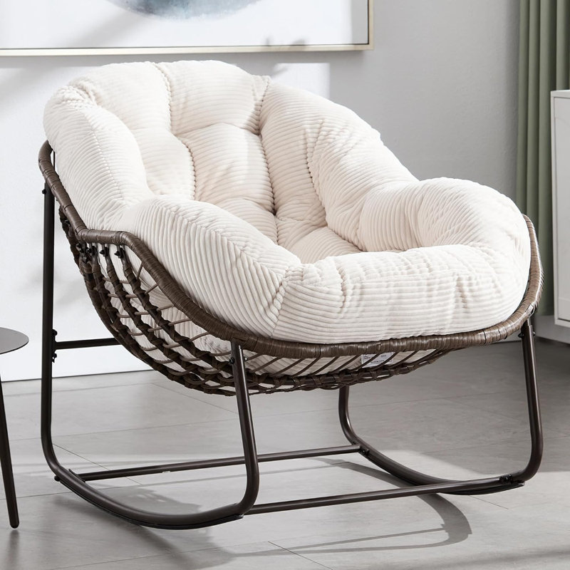 Chaise berçante en osier avec structure en métal, Velours côtelé beige