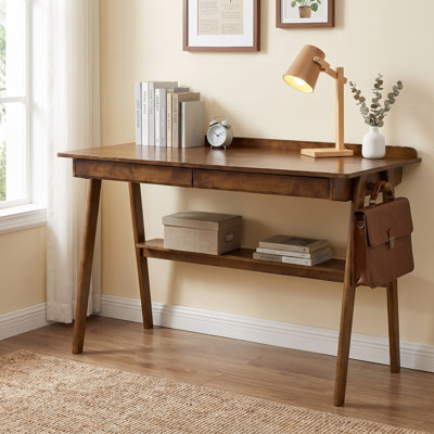 Solid Wood Writing Desk,Home Office Computer Desk with 2 Storage Drawers, Open Shelf and Side Hooks