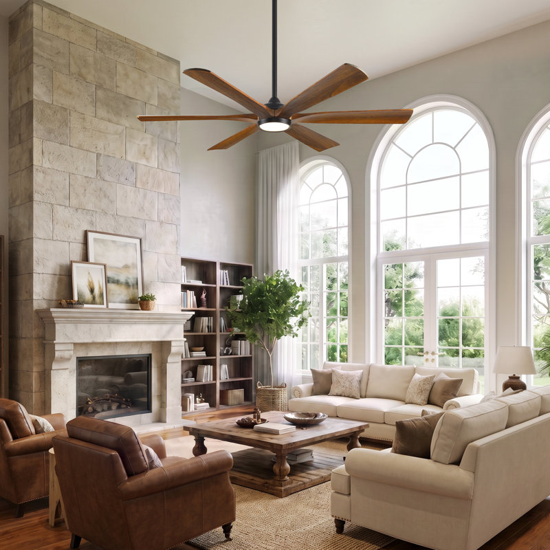 Ventilateur de plafond 6 pales en bois massif avec lumière DEL et télécommande Modern, Noir, 60 po de largeur, Brun