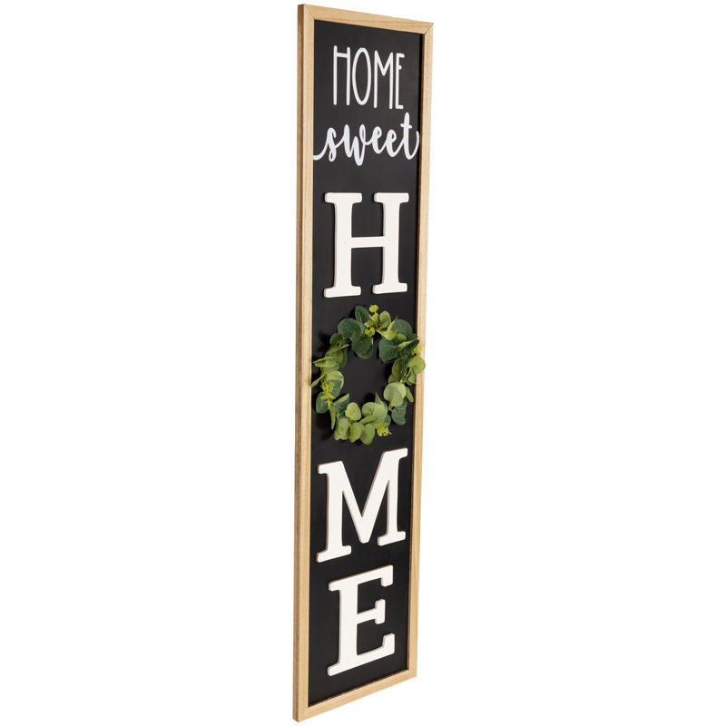 Black and Natural Wood Outdoor Porch Sign with Wreath Accent