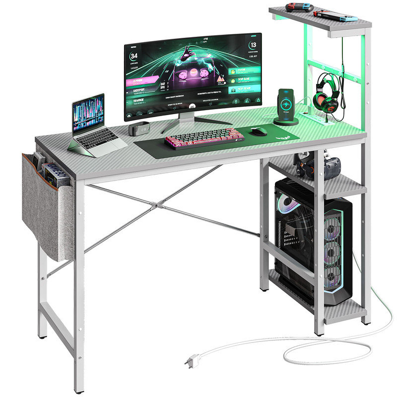 Johnothan LED Gaming Desk with Power Outlet,Computer Desk with Three Levels of Adjustable Shelves, Grey