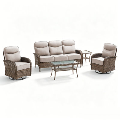 Ensemble de meubles de patio, canapé d'extérieur en rotin tissé à la main 5 pièces avec chaises berçantes pivotantes à 360 degrés et table basse, ensemble de coussins épais de 6 po résistants aux intempéries pour terrasse et porche