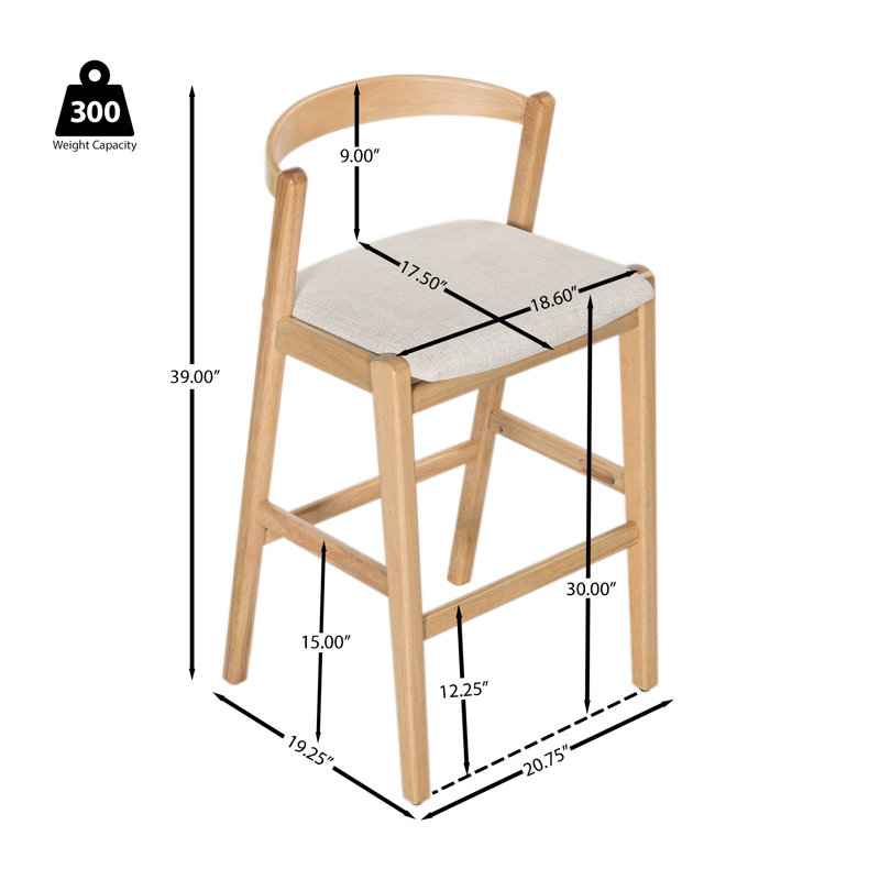 Rubberwood Barstool, Natural Finished and Beige Upholstery, Grey