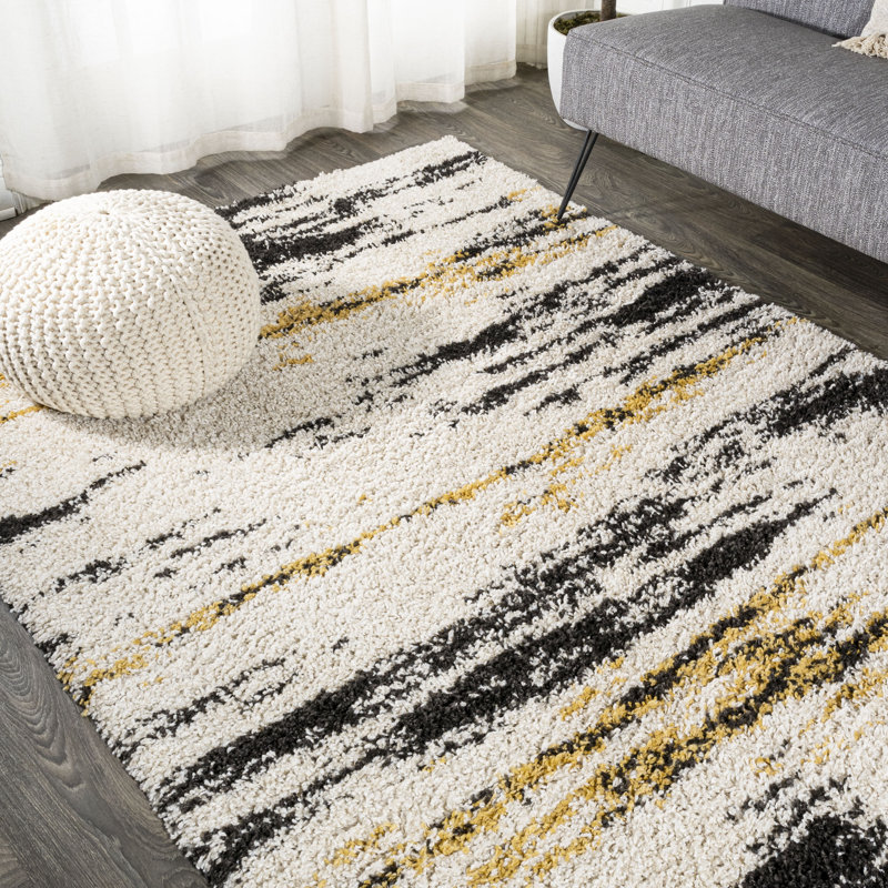 Jubei Modern Bold Strie' Shag Beige/Black/Yellow Rug, Rectangle 5'3" x 7'7"