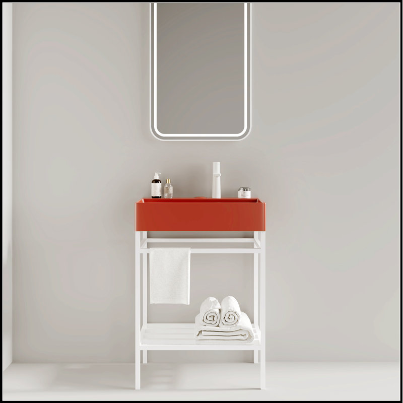 Meuble-lavabo autoportant de 24 po avec lavabo en céramique, pieds en métal ouverts et tablettes de rangement, finition blanche brillante pour les salles de bain modernes