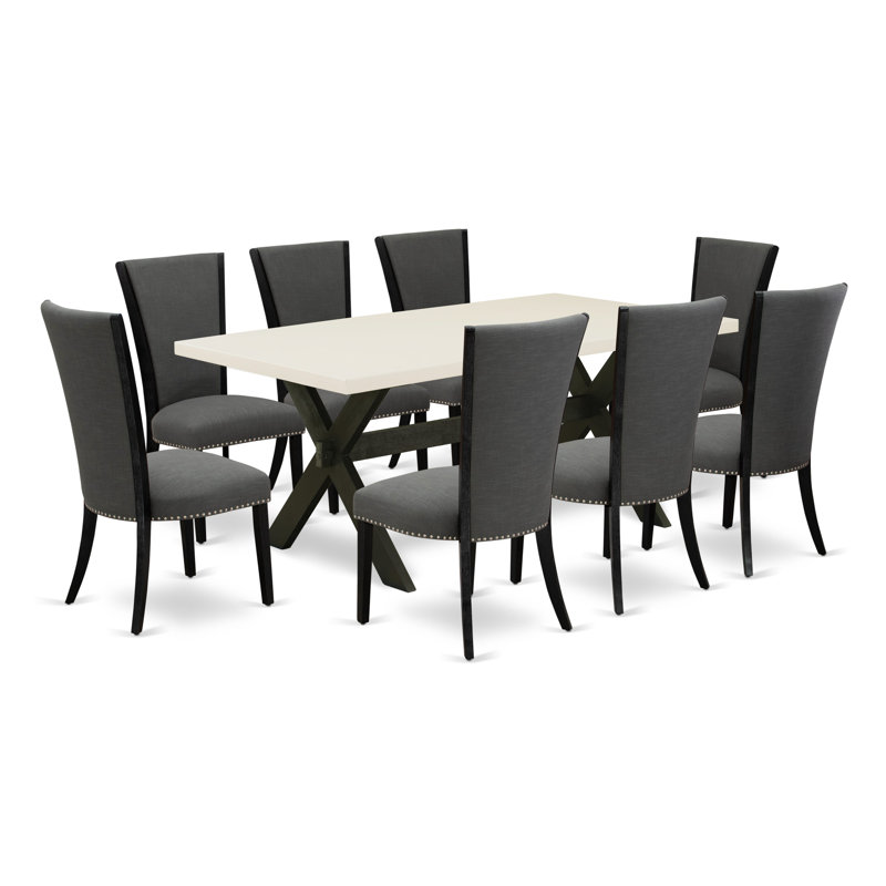 Ensemble de table de salle à manger 9 pièces comprenant une table de salle à manger rectangulaire avec pieds en X et 8 chaises rembourrées en tissu Gotham foncé, noir brossé 