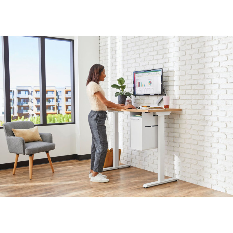 Coze Height Adjustable Rectangle Standing Desk, Natural Recon/Designer White, 36" H x 54" W x 24" D