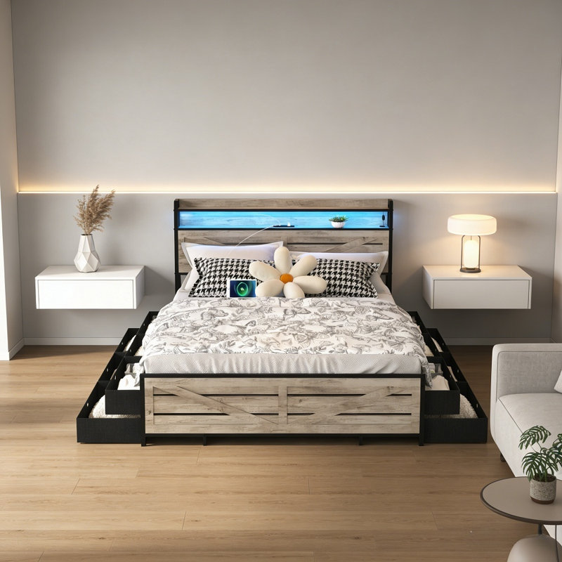 Bed With Storage Headboard And 12 Drawers With Led Lights, Metal Platform With Anti-Slip And Noiseless Mattress Support, Gray