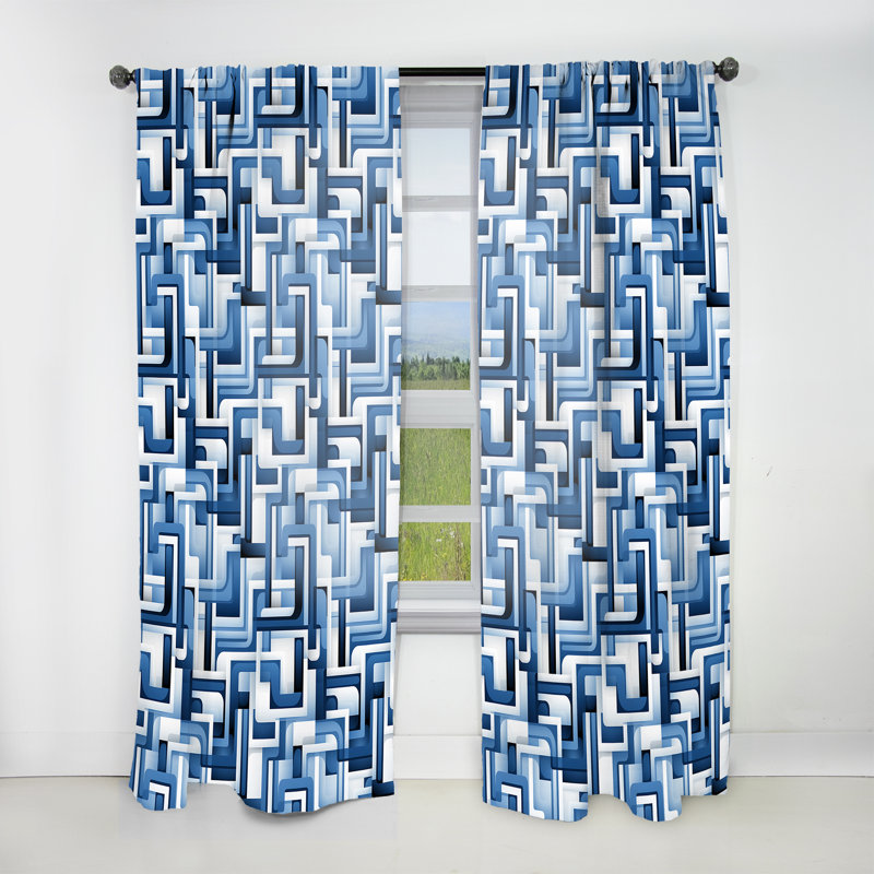 Blocs géométriques blancs et bleus Harmony I - Rideau en velours moderne - obscurcissant - 1 panneau, L 52 po x L 120 po