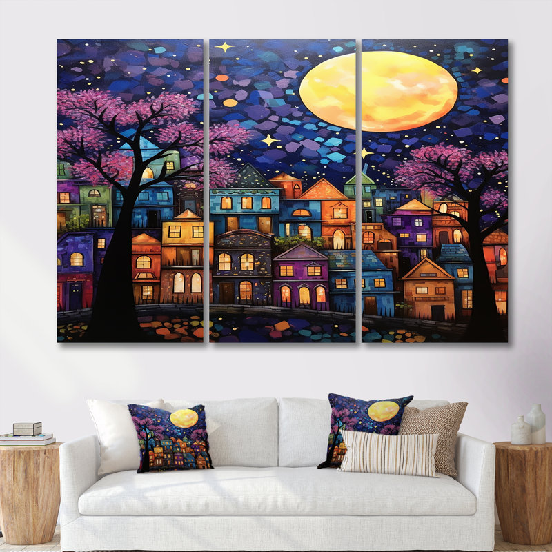 Pittoresque ville, arbres mauves colorés, pleine lune - ensemble d'art mural de bâtiments de la ville, Toile tendue
