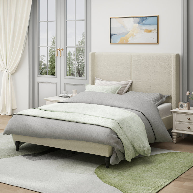 Queen Size Bed Frame With 55.5"High Back Upholstered Headboard, Boucle Fabric,12 Slat Support,Thickened Side Panels,Solid Wood Feet,No Box Spring Needed(Beige)
