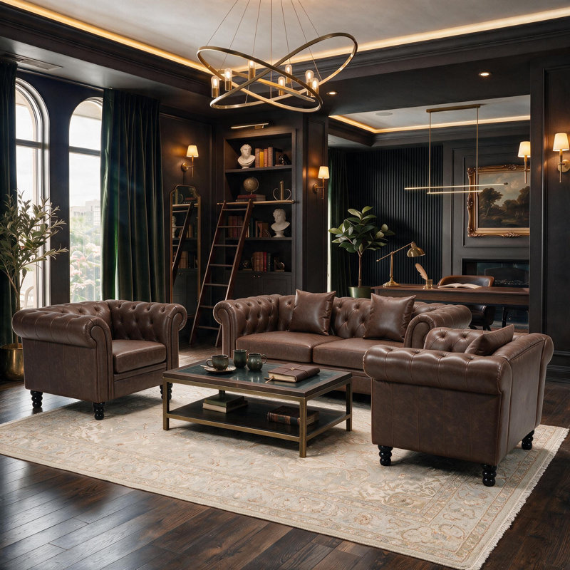 Fynlie 3-Piece Tufted Faux Leather Chesterfield Sofa Couch Accent Chair Living Room Furniture Set, Cocoa Faux Leather