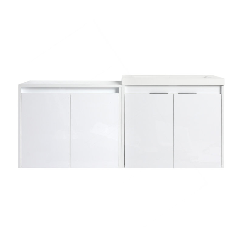 48" Bathroom Vanity With Resin Sink, Soft Close Doors & Wall Cabinet, Float Mounting Design, Glossy White, Plywood(KD-Packing)