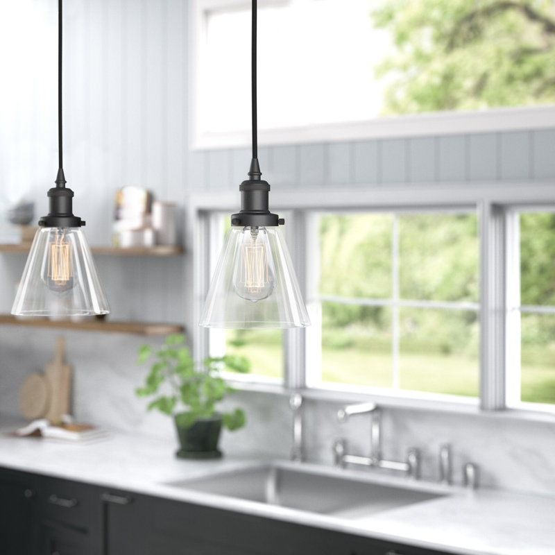 Luminaire suspendu conique à 1 lumière Wilmoth, Noir mat, Ampoule non incluse, Transparent