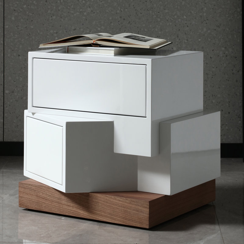 Modern White 2-Drawer Nightstand with Walnut Base - Asymmetrical Design - Fully Assembled - 22.4" W X 19.7" D X 19.7" H