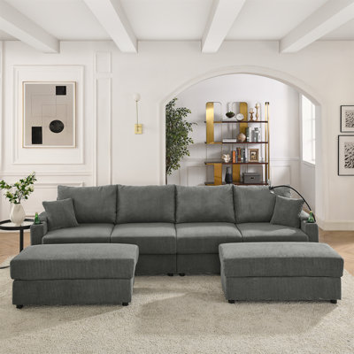 Canapé moderne en U avec canapé 4 places avec rangement, avec 2 repose-pieds, canapé à siège profond avec porte-gobelets et ports de charge pour téléphone, canapé en velours côtelé pour le salon
