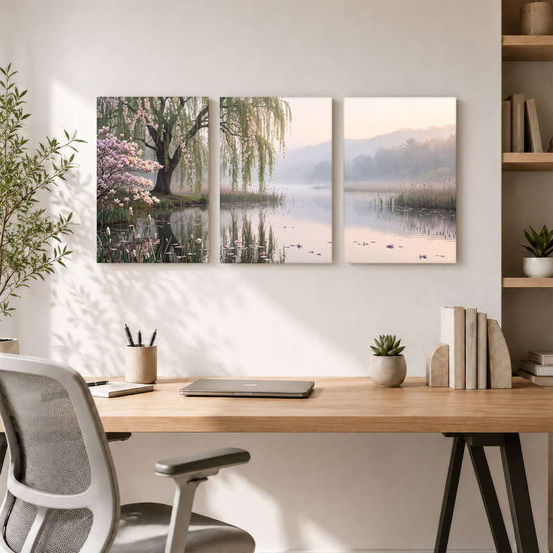 Ensemble d'art mural sur toile Willow Tree with Pink Blossoms at Misty Lake, H 24 po x l 16 po x 3 pièces