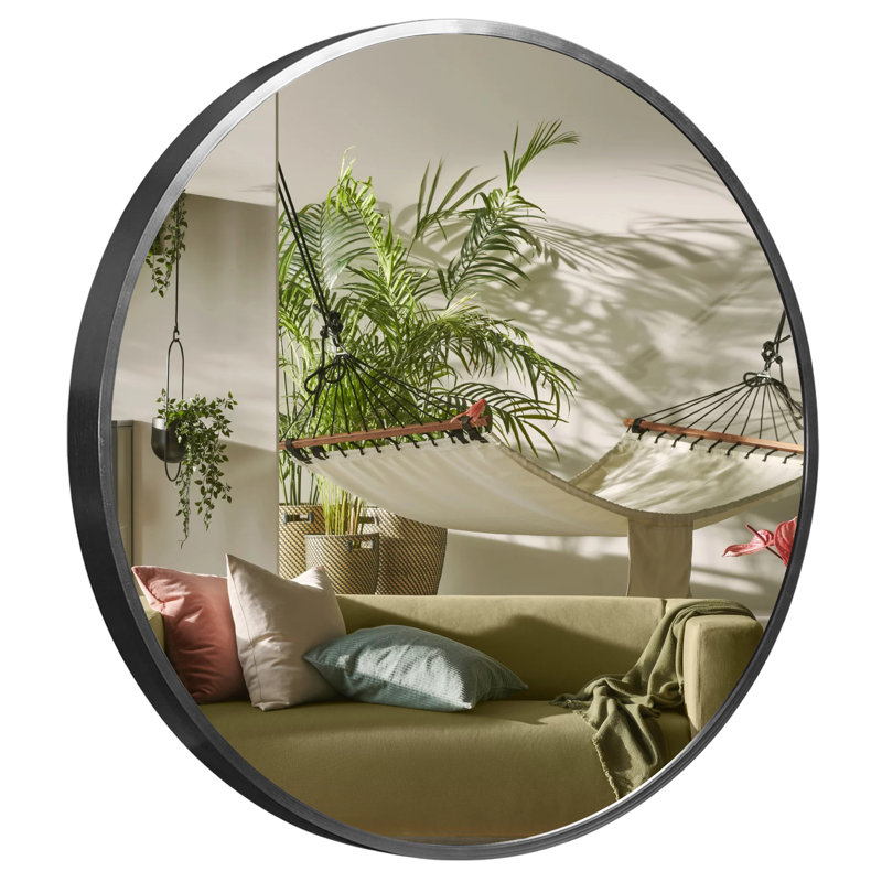 Modern Wall-Mounted Metal Framed Round Mirror, Black, 18" x 18"
