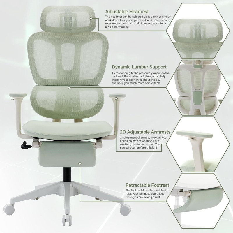 Green Ergonomic High-Back Office Chair, Mesh Back Computer Chair with Footrest, Dynamic Lumbar Support, 2D Headrest and 4D Armrests, Sponge Cushion for Adult Home Office