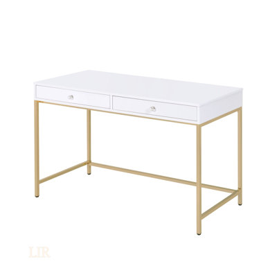 Ottey White High Gloss & Gold Finish Writing Desk With Storage, Perfect For Modern And Elegant Workspaces