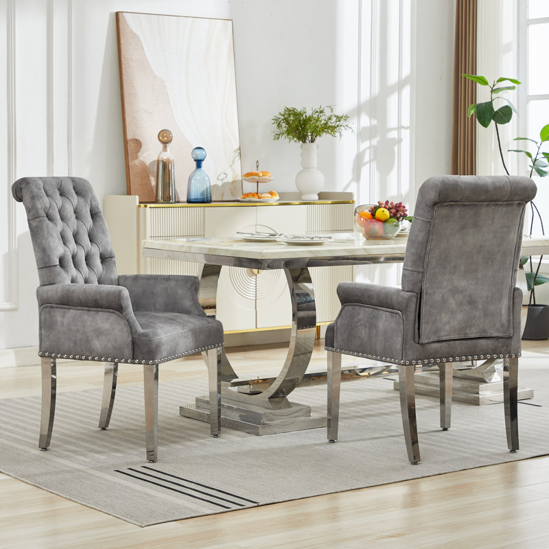 Chaises de salle à manger rembourrées à accoudoirs capitonnés, Velours gris clair