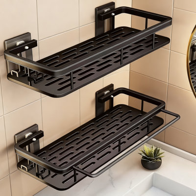 Adhesive Shower Caddy 2-Pack, No-Drill Wall Mount Rustproof Aluminum Organizer With Towel Rod And Hooks For Bathroom And Kitchen Storage