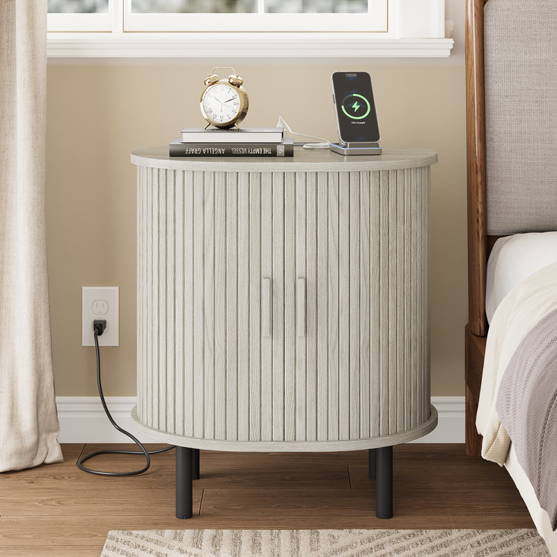 Table de bout ronde en bois 23,5 "avec station de charge, Blanc, 1