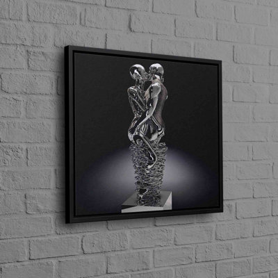 Silver Metallic Kissing Couple Modern Abstract Wall Art on Canvas - 3D Love Inspired Home Decor for Contemporary Living Spaces