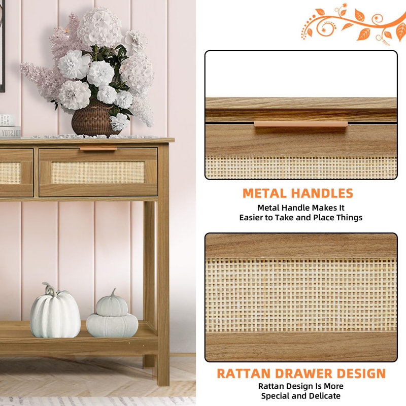 51.3" Rattan Console Table With 3 Drawers, Brown