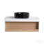 Meuble-lavabo flottant de 36 po avec lavabo vasque en veine de marbre noir, meuble-lavabo mural avec rangement ouvert, finition blanche avec décor en bois, conception moderne peu encombrante (livré dans 2 boîtes)-130833325