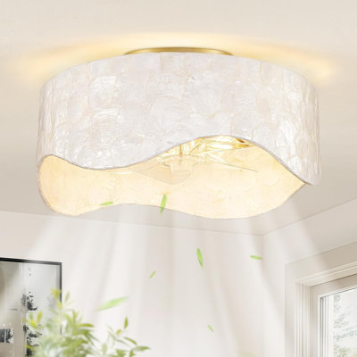 Coastal Boho Ceiling Fan with Light and Remote Shell Shade fandelier Flush mount fandelier with enclosed Caged,6-Speed reversible motor, and timer for stylish airflow in bedroom, or kitchen