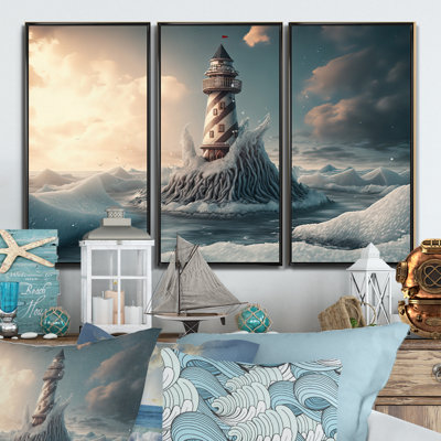 Fantaisie, phare dans l'océan Arctique II - ensemble d'art mural sur toile plage