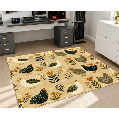 Farmhouse Chicken Pattern Area Rug, Whimsical Cute Hen Pattern, Machine Washable Soft Non-Slip Floor Mat, Artistic Indoor Home Decor for Living Room, Bedroom, Entryway, Kitchen