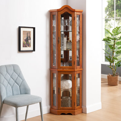 Oak Living Room Cabinet With Glass Shelves And Illuminated Interior Classical Display Tempered Adjustable Shelves, Storage Option