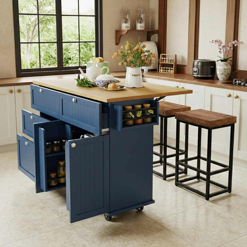 Storage Kitchen Island With Drop Leaf And 2 Seatings And Power Outlet, Blue