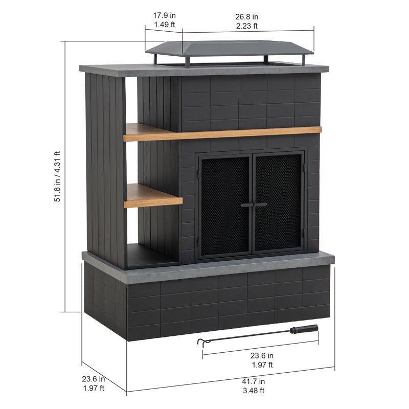 SUNJOY 42 in. Outdoor Wood-Burning Steel Fireplace with Chimney, 3-Tier Log Storage Shelves, Locking Mesh Doors, Fire Poker and PVC Cover, Black and Wood Look