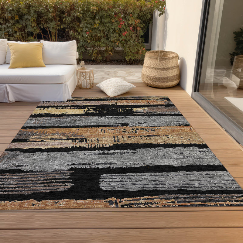 Machine Washable Indoor/Outdoor Cinead ACN1665 Black Rug, Rectangle 10' x 14'