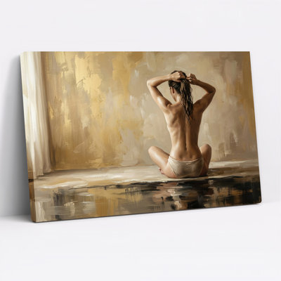 Woman Tying Hair Back View Gold Brushstroke Style Canvas Wall Art