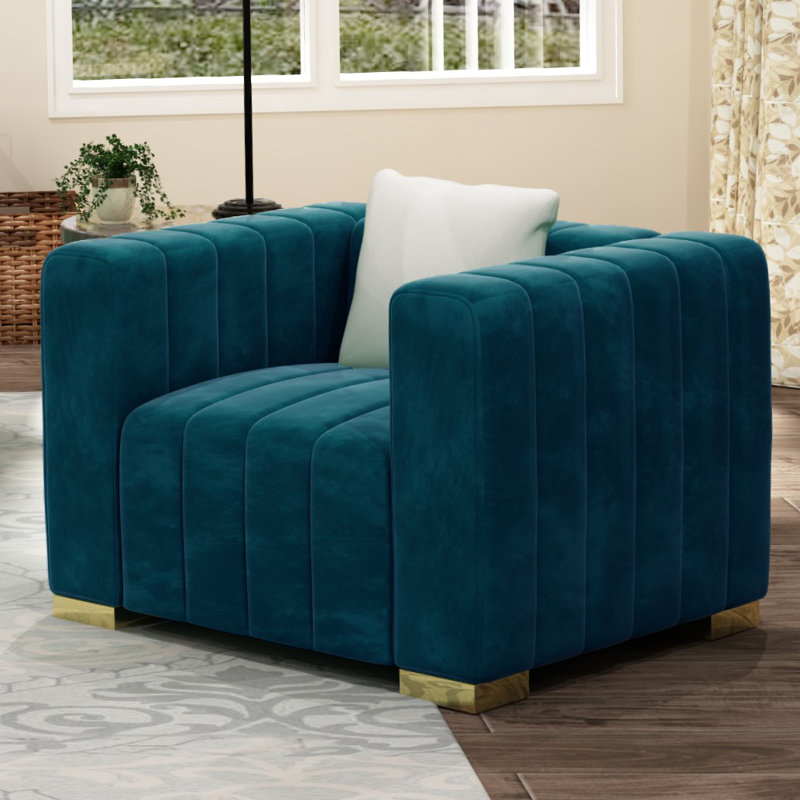 Fauteuil d'appoint confortable en velours à rayures verticales 35,4 po, Doré, Bleu