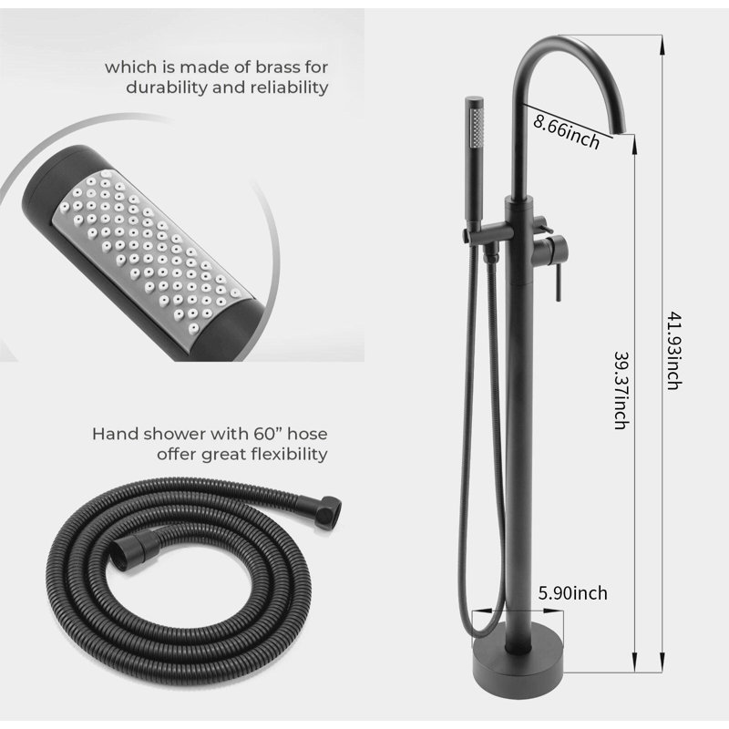 Robinet de baignoire autoportant à deux poignées avec douchette et fixation au sol, Noir mat