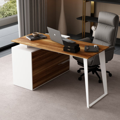 Bureau contemporain en forme de L avec armoire de rangement et grand espace de travail - bois naturel et finition noir / blanc